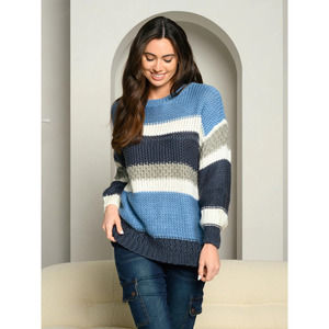 Blue Striped Color Block Knit Sweater